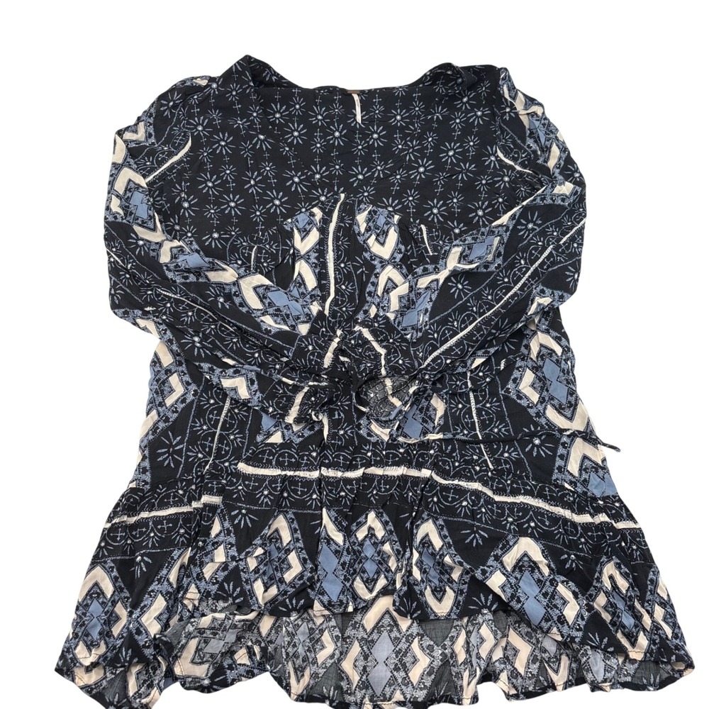 Free People Womens Large Black Blue Geometric Sunburst Ruffle Hem Rayon Tunic